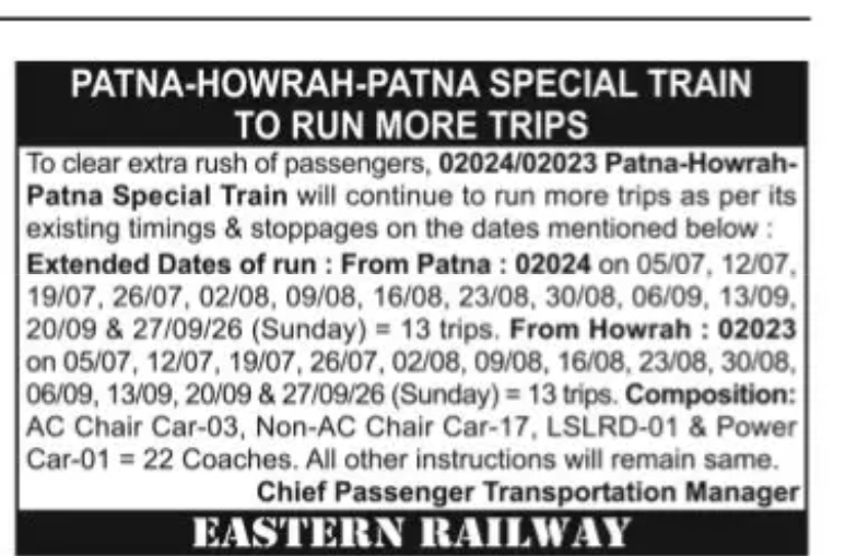 PATNA–HOWRAH–PATNA SPECIAL TRAIN TO OPERATE 13 ADDITIONAL TRIPS