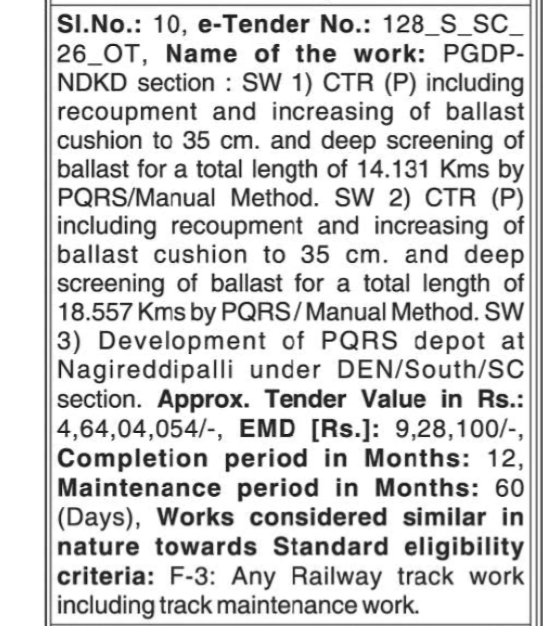 PGDP-NDKD Section Track Renewal and Depot Development Tender
