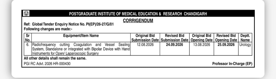 PGIMER Chandigarh – Global Tender Corrigendum for Urology Equipment