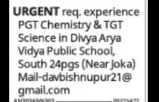 PGT Chemistry & TGT Science Teacher Required