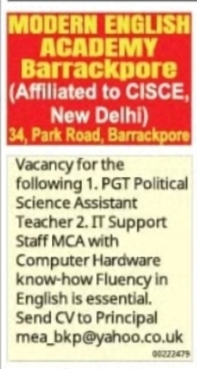 PGT Teachers – Modern English Academy, Barrackpore