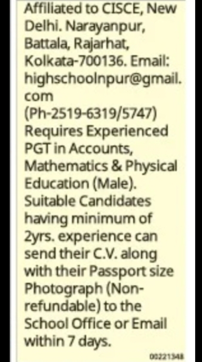 PGT Teachers Required – CISCE Affiliated School, Rajarhat, Kolkata