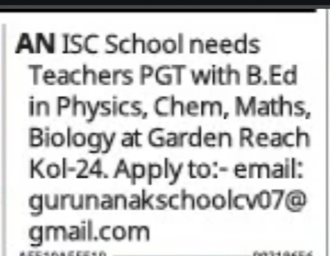 PGT Teachers Required – ISC School, Garden Reach, Kolkata