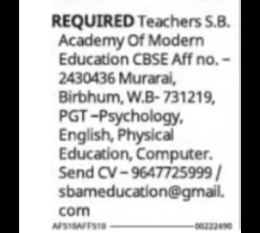 PGT Teachers Required – S.B. Academy of Modern Education, Birbhum