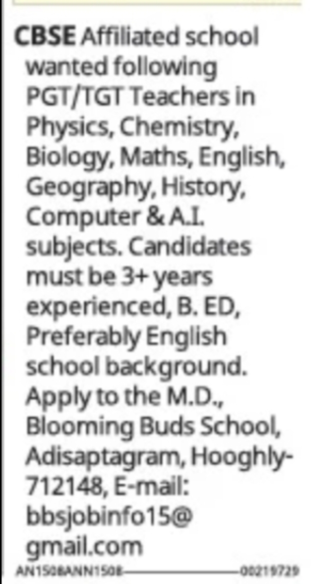 PGT & TGT Teachers Required – Blooming Buds School, Hooghly