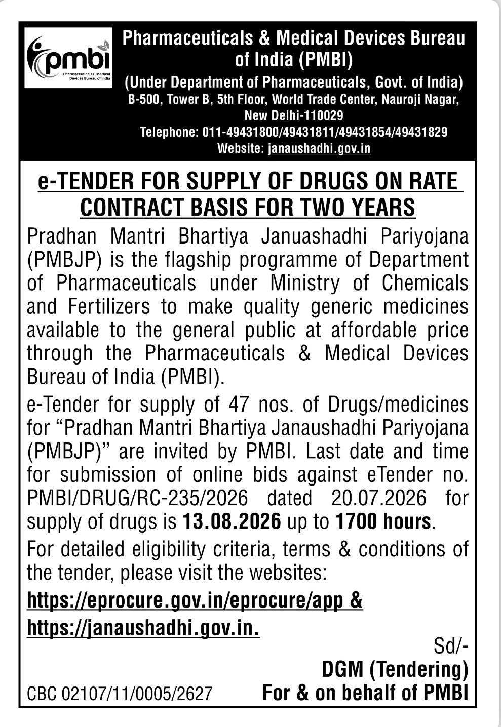 Pharmaceuticals & Medical Devices Bureau of India (PMBI) – e-Tender for Supply of Drugs