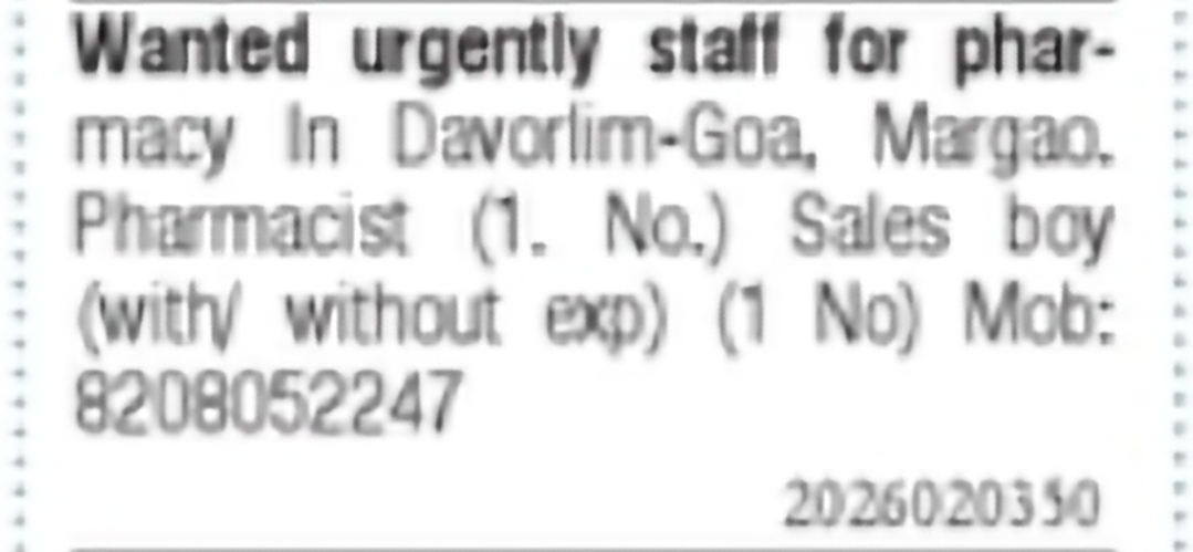 Pharmacy Staff Hiring – Davorlim, Margao