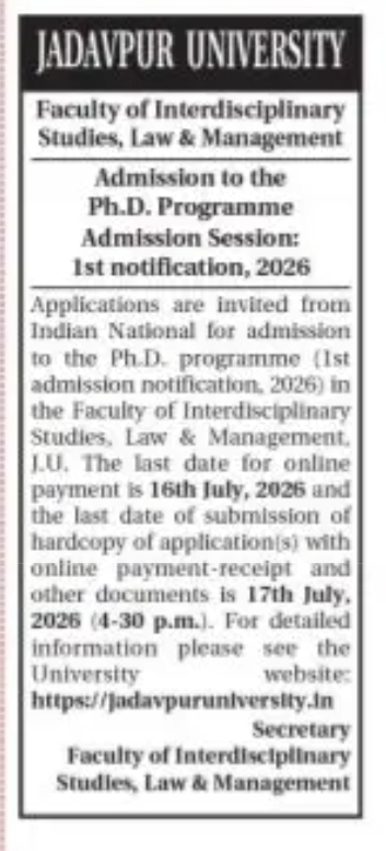 Ph.D. Admission Notification 2026