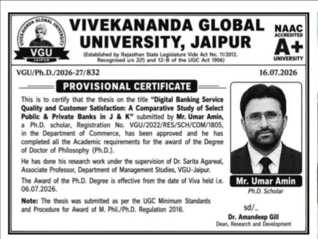 Ph.D. Provisional Certificate Award – Vivekananda Global University, Jaipur
