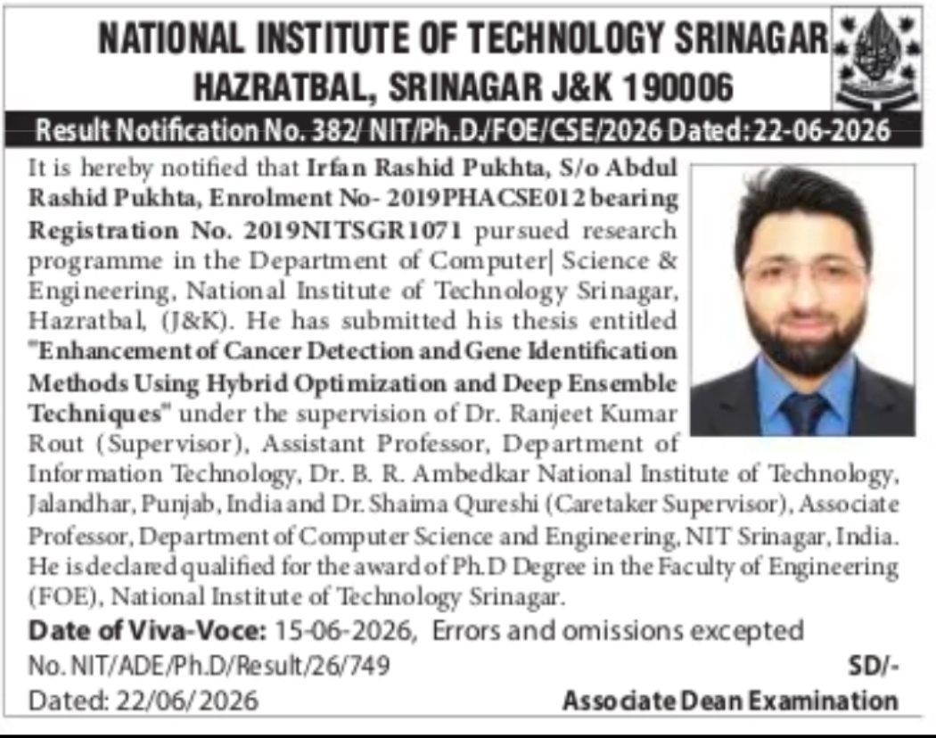 Ph.D RESULT NOTIFICATION – NIT SRINAGAR