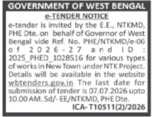 PHE Department (NTKMD) – Various Works in New Town Project