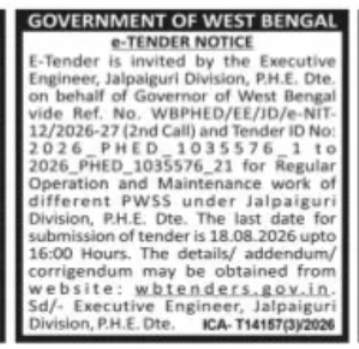 PHE Tender for Operation & Maintenance of Water Supply Schemes – Jalpaiguri