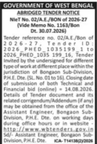 PHE Tender for Various Works – Bongaon Sub-Division
