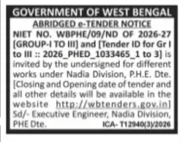 PHED Abridged e-Tender Notice – Nadia Division (Group I to III)