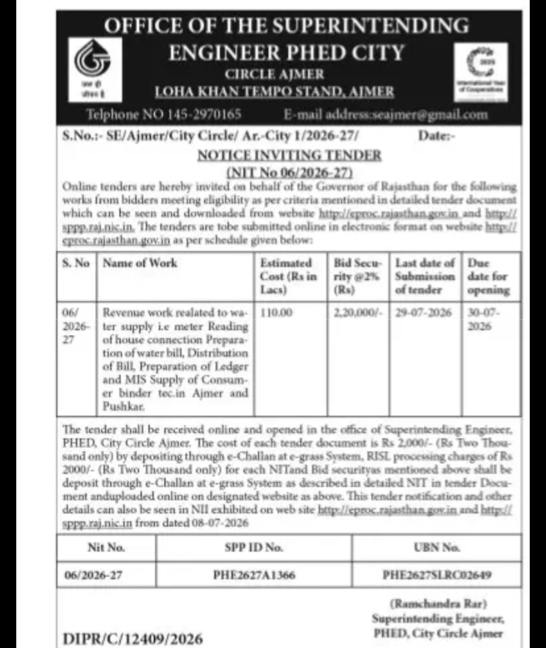 PHED Ajmer Invites Tender for Water Billing and Meter Reading Services