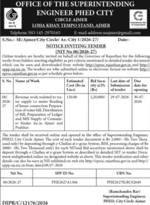 PHED Ajmer Invites Tender for Water Supply Billing & Meter Reading Services
