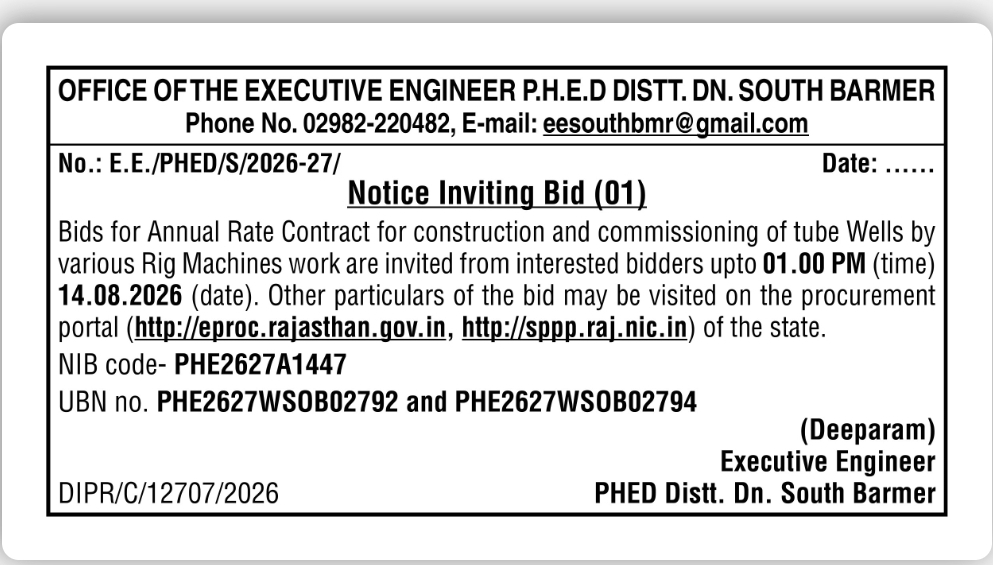 PHED Barmer South Invites Bids for Annual Rate Contract for Tube Well Construction and Commissioning