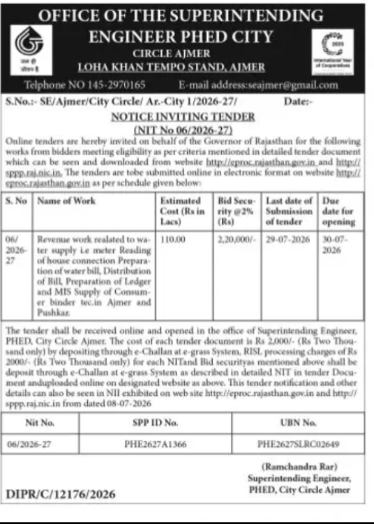 PHED City Circle Ajmer Invites Tender for Water Supply Billing Services