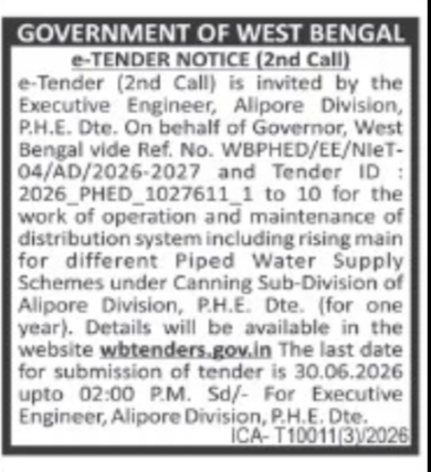 PHED e-Tender Notice (2nd Call) – Canning Sub-Division