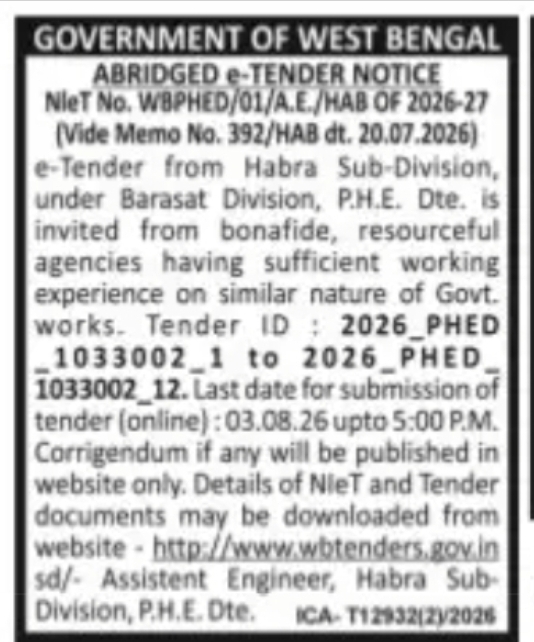 PHED Habra Sub-Division Tender – Maintenance and Allied Government Works