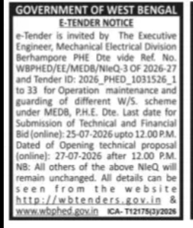 PHED Operation & Maintenance E-Tender – Berhampore