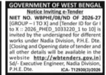 PHED Tender Notice – Nadia Division (Group I to X)