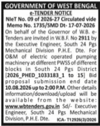 PHED Tender Notice – Operation and Maintenance of Pumping Machinery