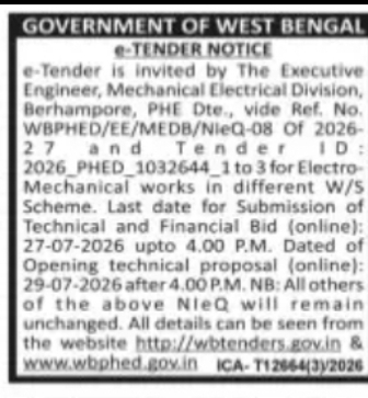 PHED West Bengal Tender for Electro Mechanical Works