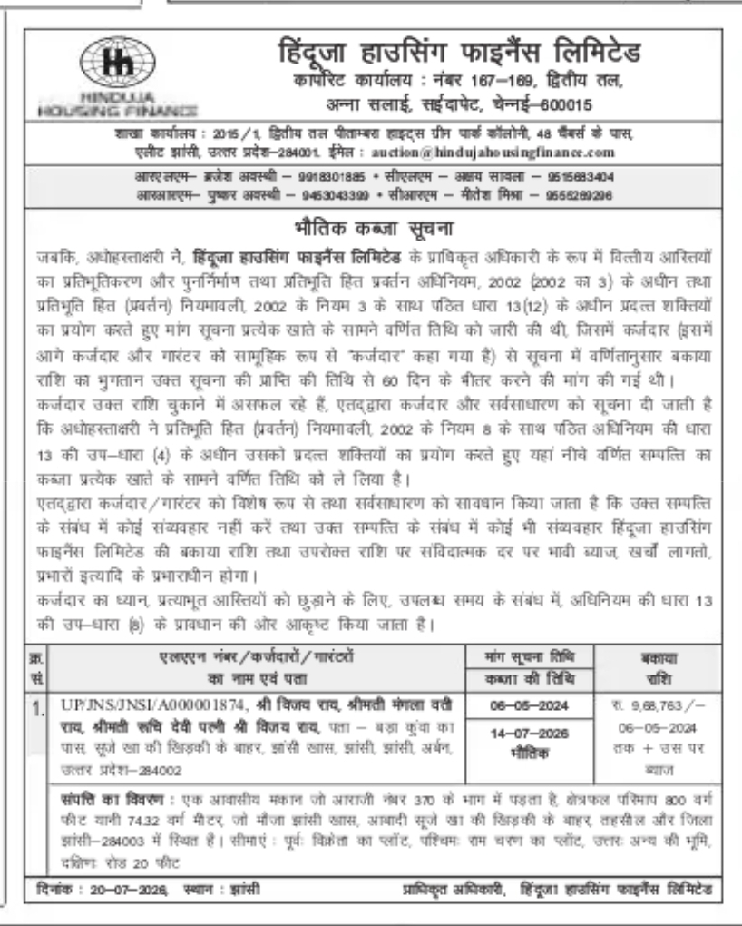 Physical Possession Notice – Hinduja Housing Finance Limited