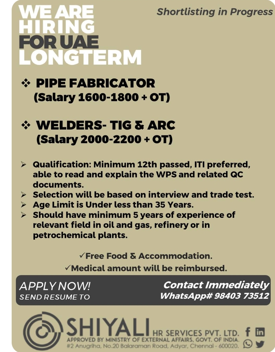 Pipe Fabricator & Welders - TIG & ARC