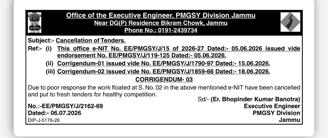 PMGSY Jammu Tender Cancellation Notice – Corrigendum-03 Issued
