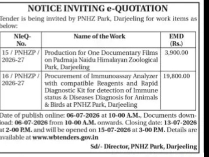 PNHZ Park Darjeeling e-Quotation Notice – Documentary Film & Animal Diagnostic Equipment