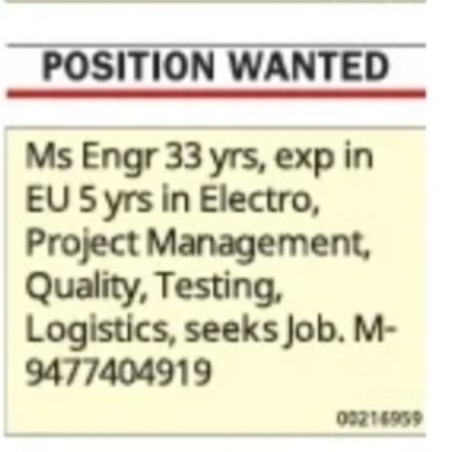Position Wanted – Engineering Professional