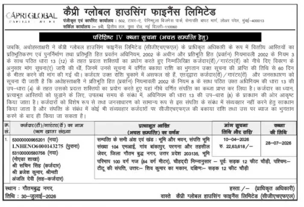 Possession Notice – Capri Global Housing Finance Limited (Secured Asset), Gautam Buddh Nagar, Uttar Pradesh