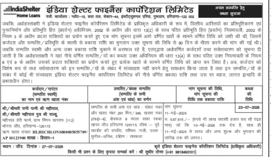 Possession Notice – India Shelter Finance Corporation Limited