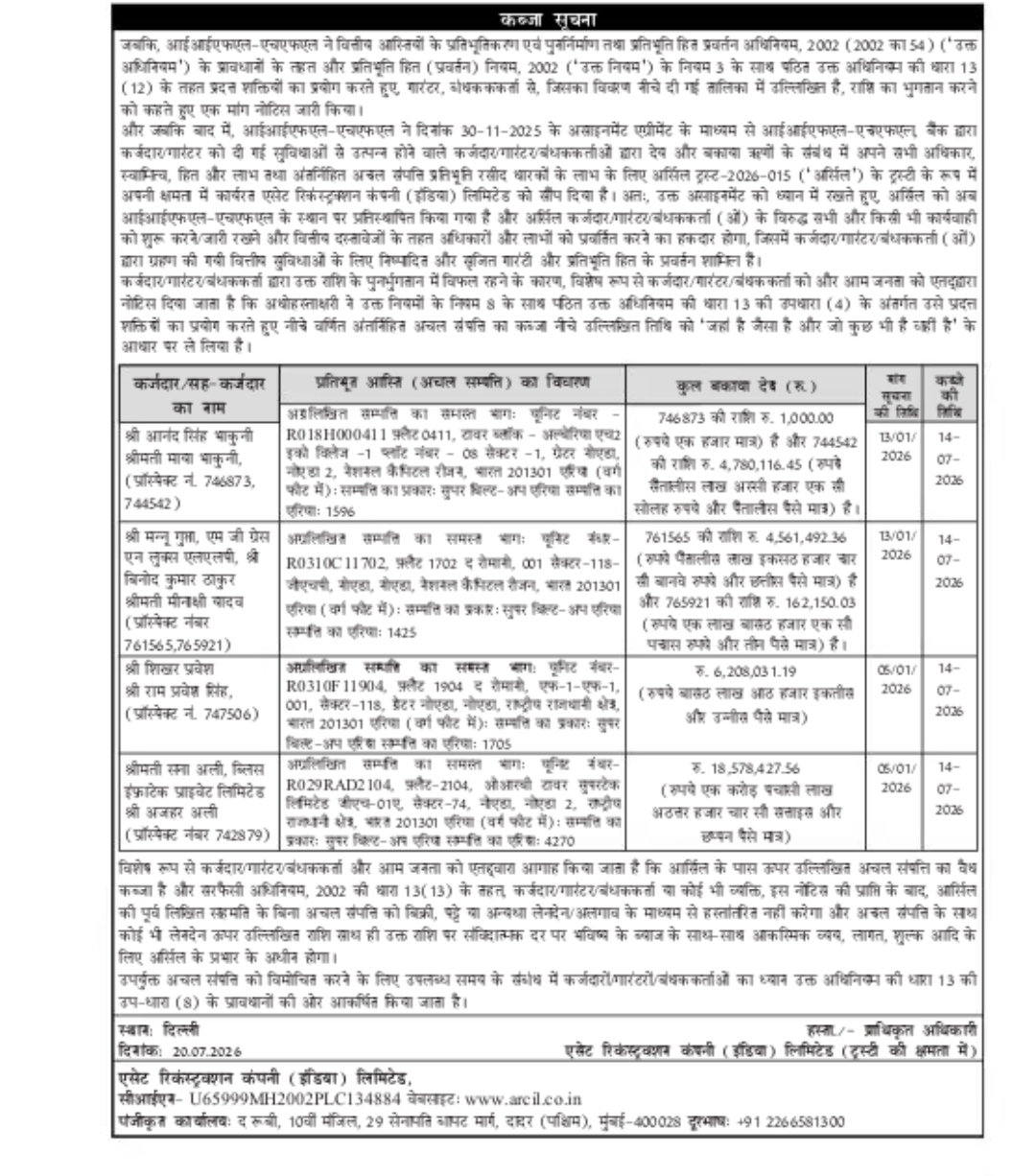 Possession Notice Issued Under SARFAESI Act for Mortgaged Properties in Greater Noida