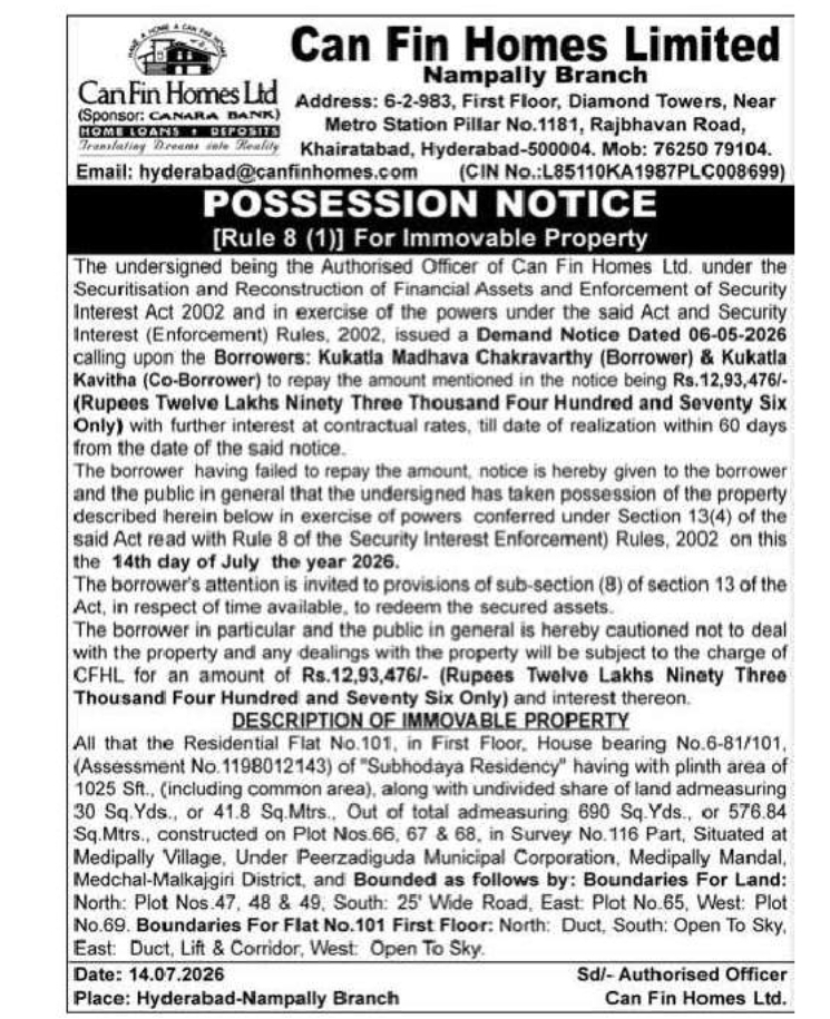 Possession Notice – Residential Flat at Medipally, Medchal-Malkajgiri District