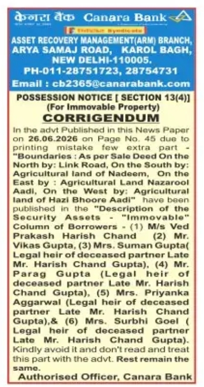 POSSESSION NOTICE (SECTION 13(4)) – CORRIGENDUM