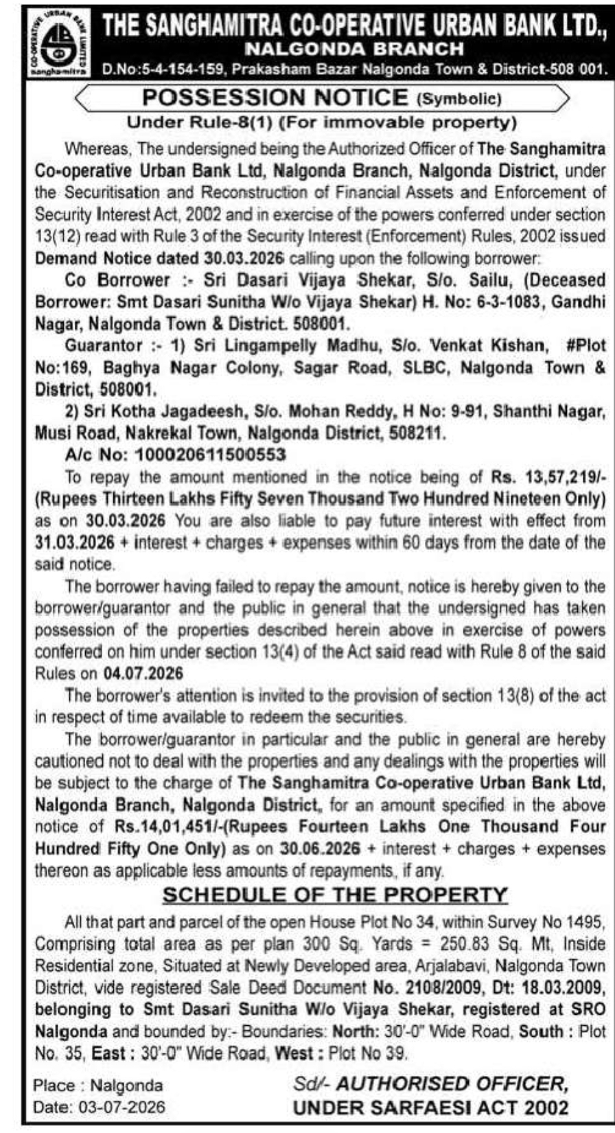 Possession Notice Under SARFAESI Act, 2002 – The Sanghamitra Co-operative Urban Bank Ltd., Nalgonda Branch