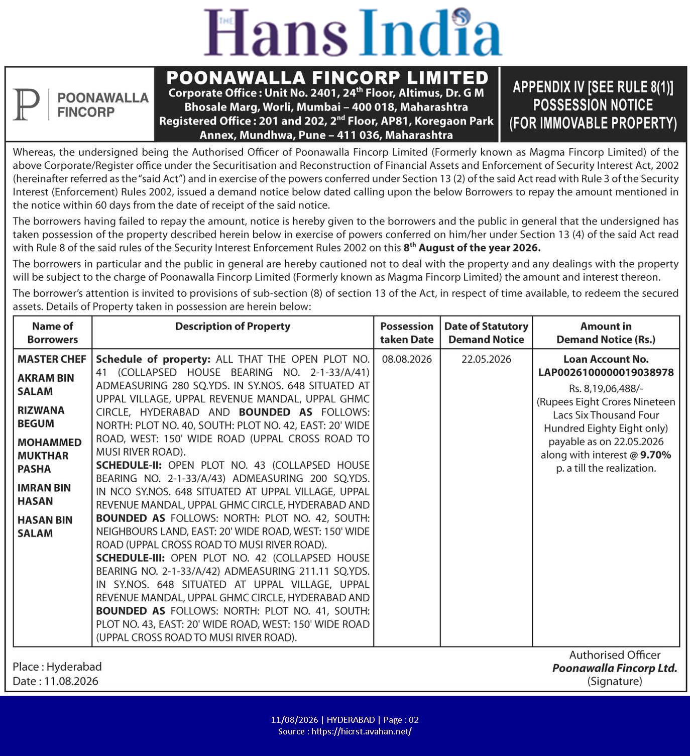 POSSESSION NOTICE – UPPAL, HYDERABAD