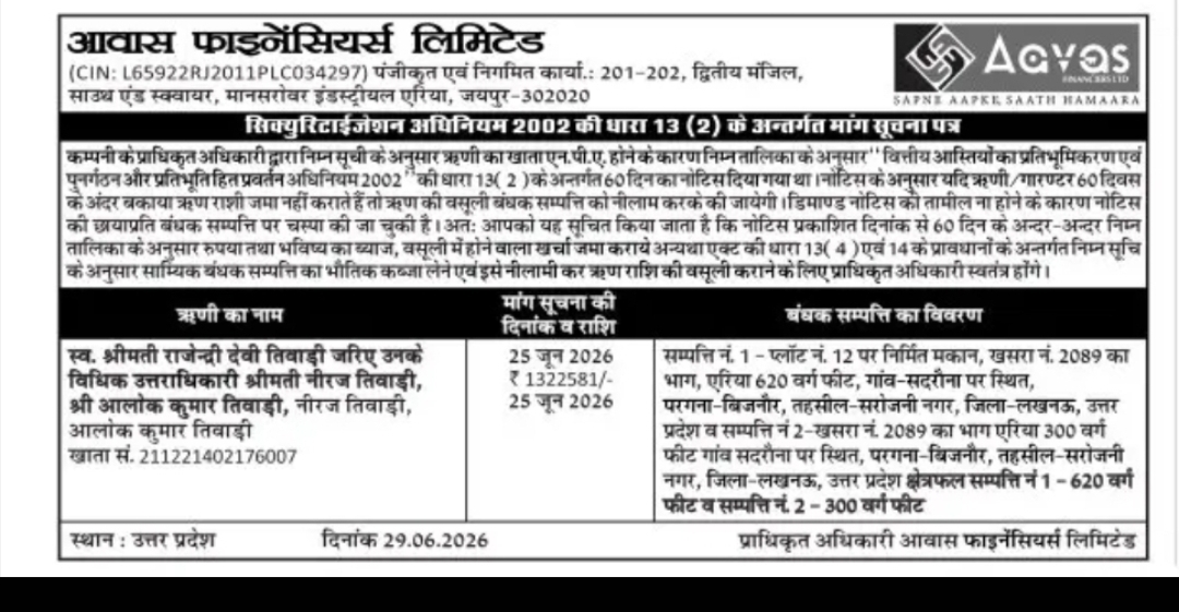 POSSESSION / SARFAESI NOTICE – AAVAS FINANCIERS LIMITED