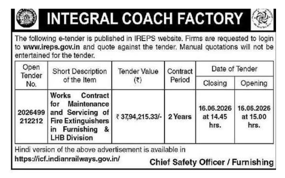 Post Description: e-Tender Notice – Integral Coach Factory