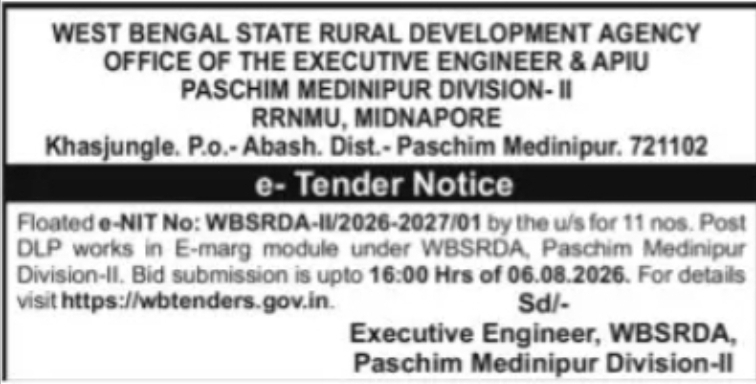 Post DLP Road Works Tender under WBSRDA