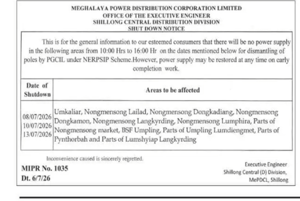 Power Shutdown Notice – Shillong Central Distribution Division, MePDCL