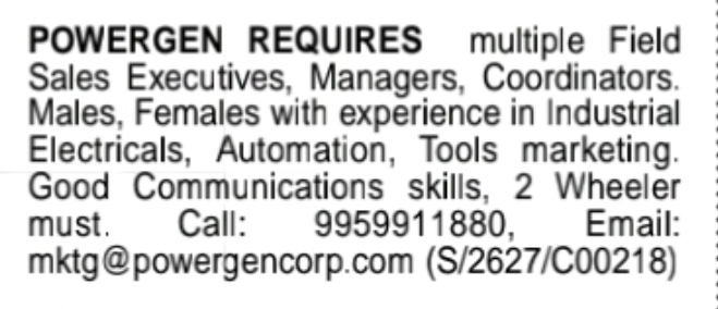⚡ Powergen Hiring – Field Sales Team