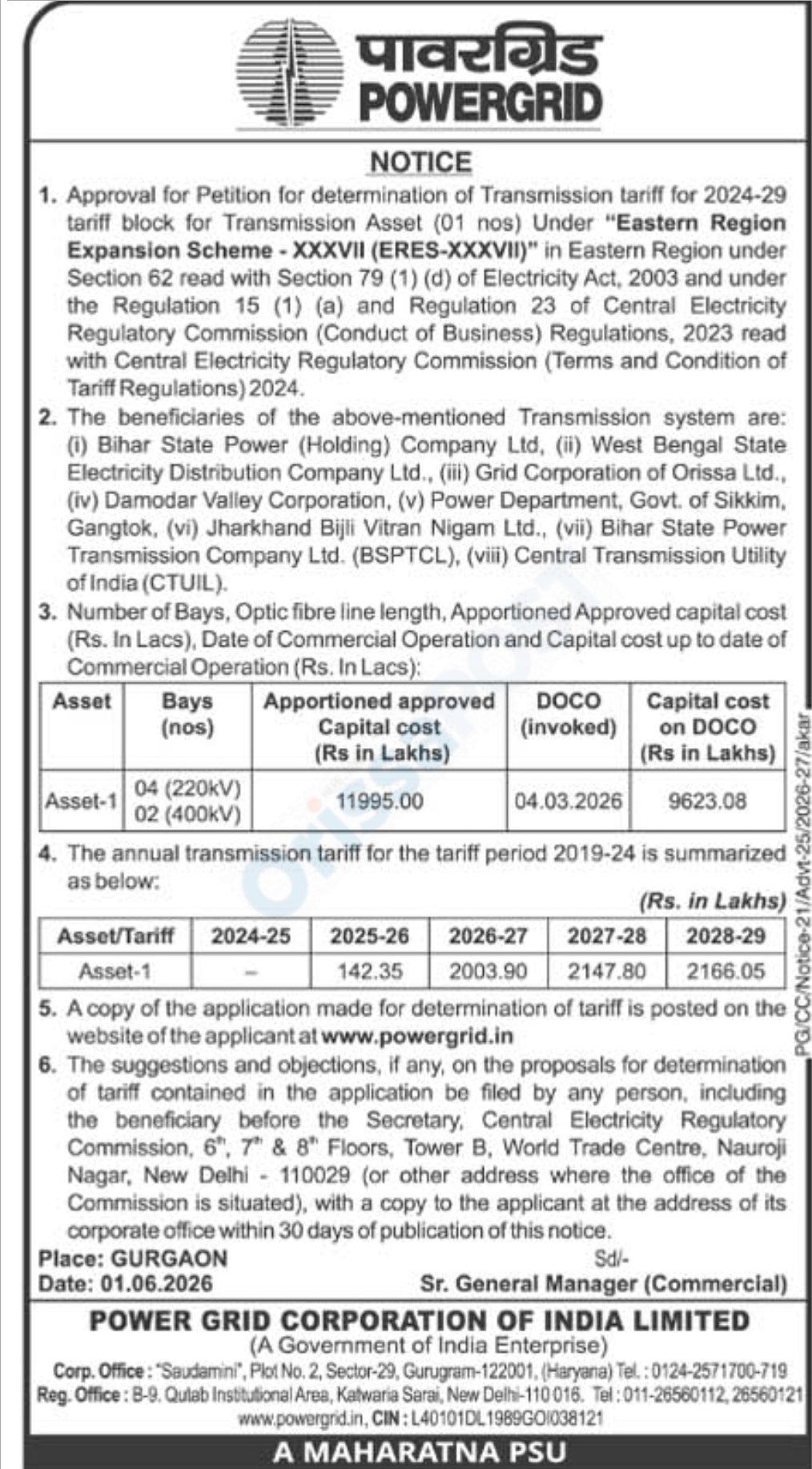 POWERGRID Notice – Approval for Petition on Transmission Tariff Determination 2024–29