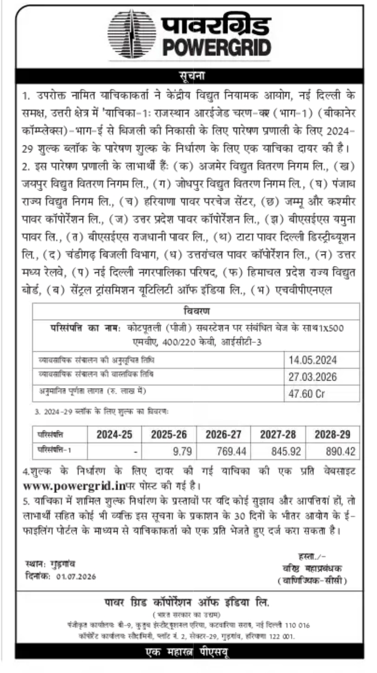 POWERGRID Public Notice – Transmission Tariff Petition