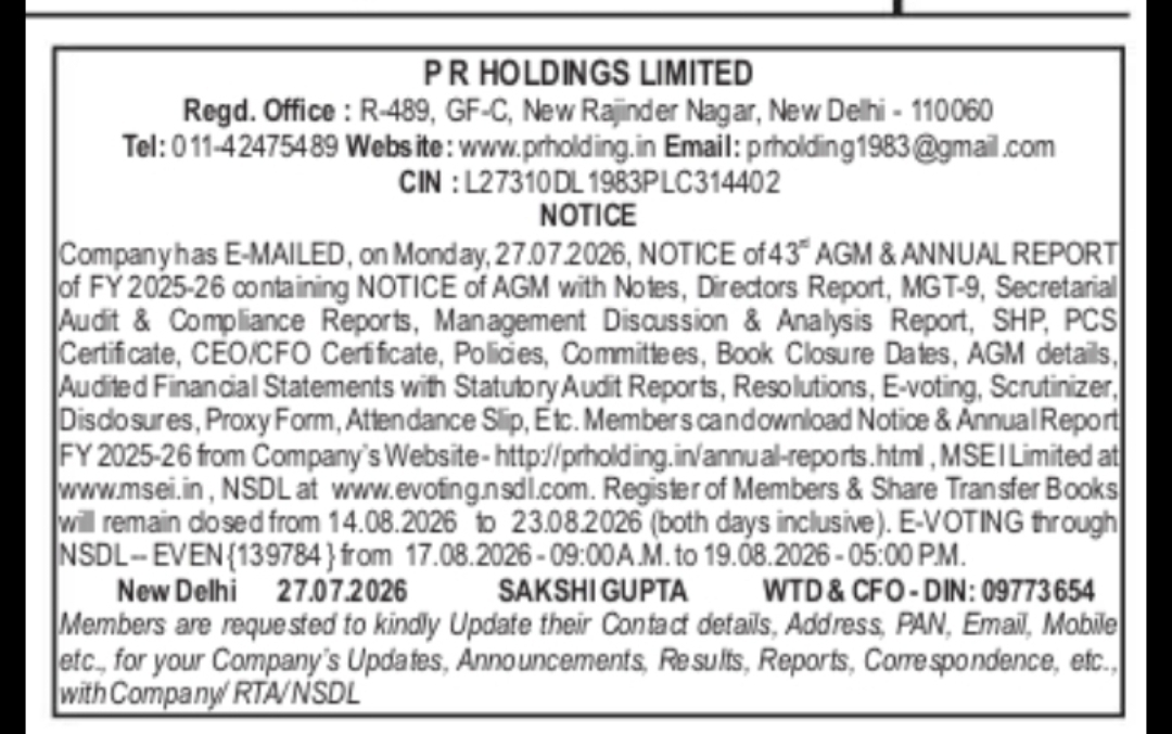 PR Holdings Limited – 43rd AGM Notice & Annual Report FY 2025-26
