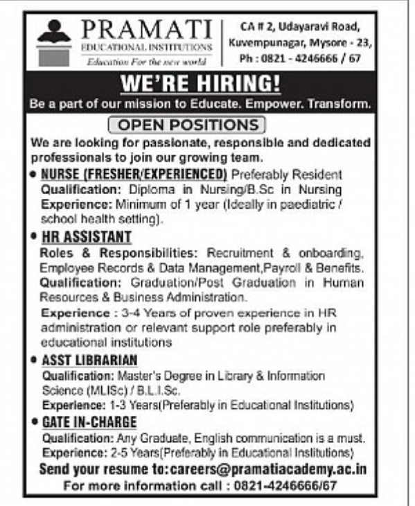 Pramati Educational Institutions Hiring for Multiple Positions in Mysore