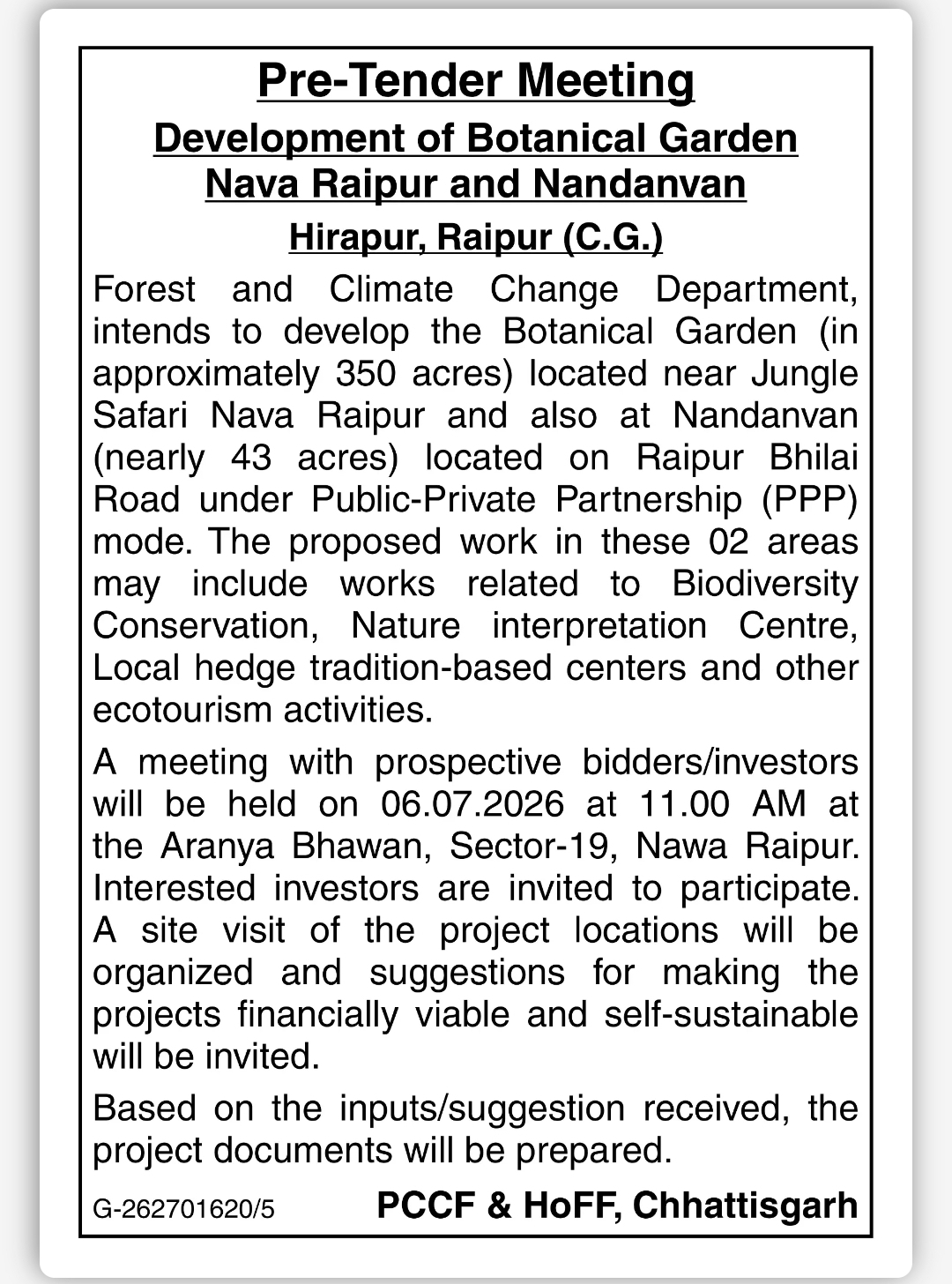 Pre-Tender Meeting – Development of Botanical Garden (PPP Mode)